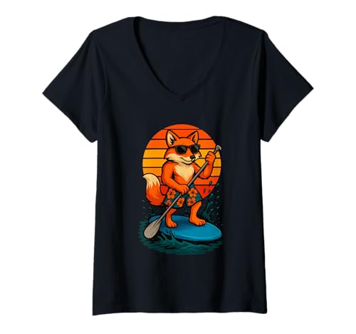 Damen Paddling Fox mit Sonnenbrille Beach SUP Sea Paddleboarding T-Shirt mit V-Ausschnitt Damen Paddling Fox mit Sonnenbrille Beach SUP Sea Paddleboarding T-Shirt mit V-Ausschnitt von Funny Animals Paddling and Paddleboarding Clothing
