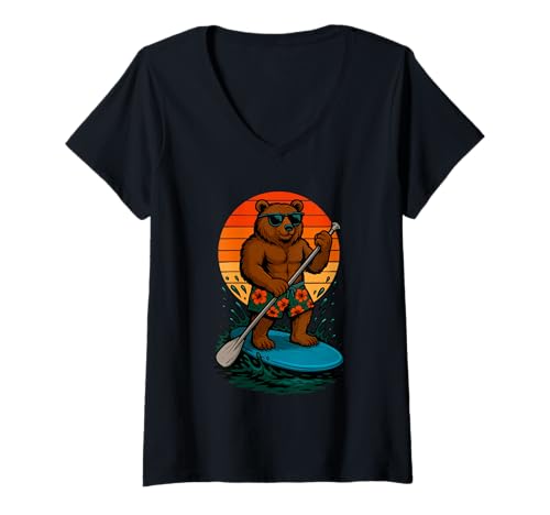Damen Paddling Grizzlybär mit Sonnenbrille Beach Paddleboarding T-Shirt mit V-Ausschnitt von Funny Animals Paddling and Paddleboarding Clothing