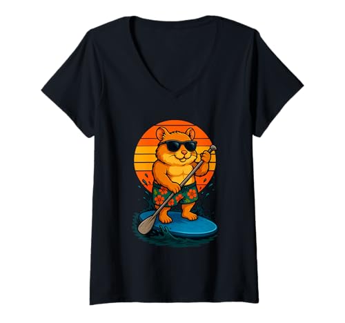Damen Paddling Hamster mit Sonnenbrille Beach SUP Paddleboarding T-Shirt mit V-Ausschnitt Damen Paddling Hamster mit Sonnenbrille Beach SUP Paddleboarding T-Shirt mit V-Ausschnitt von Funny Animals Paddling and Paddleboarding Clothing