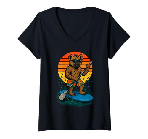 Damen Paddling Hyäne mit Sonnenbrille Beach SUP Sea Paddleboarding T-Shirt mit V-Ausschnitt von Funny Animals Paddling and Paddleboarding Clothing
