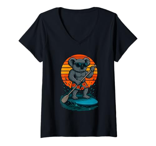 Damen Paddling Koalas mit Sonnenbrille Beach SUP Paddleboarding T-Shirt mit V-Ausschnitt von Funny Animals Paddling and Paddleboarding Clothing