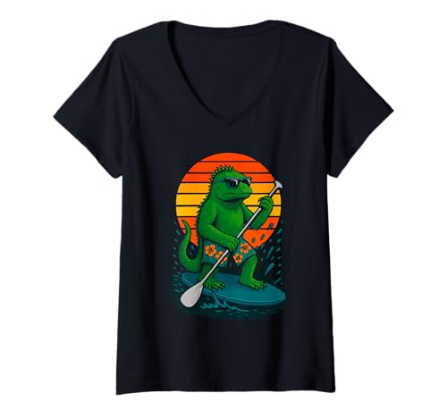 Damen Paddling Leguan mit Sonnenbrille Beach SUP Paddleboarding T-Shirt mit V-Ausschnitt von Funny Animals Paddling and Paddleboarding Clothing