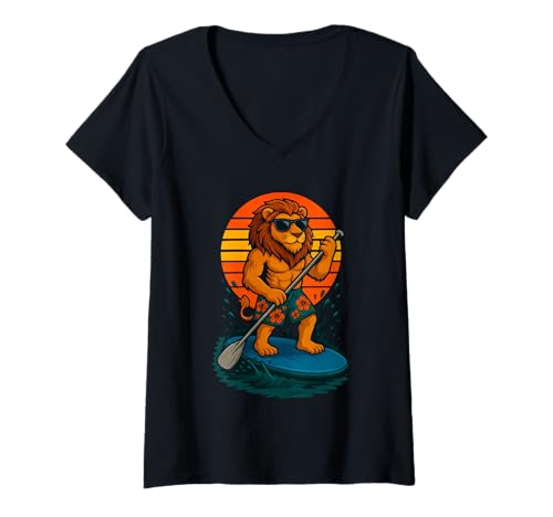 Damen Paddling Lion mit Sonnenbrille Sea Beach SUP Paddleboarding T-Shirt mit V-Ausschnitt Damen Paddling Lion mit Sonnenbrille Sea Beach SUP Paddleboarding T-Shirt mit V-Ausschnitt von Funny Animals Paddling and Paddleboarding Clothing
