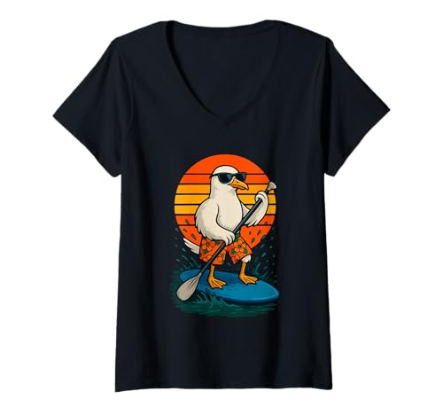 Damen Paddling Möwe mit Sonnenbrille Beach SUP Paddleboarding T-Shirt mit V-Ausschnitt Damen Paddling Möwe mit Sonnenbrille Beach SUP Paddleboarding T-Shirt mit V-Ausschnitt von Funny Animals Paddling and Paddleboarding Clothing