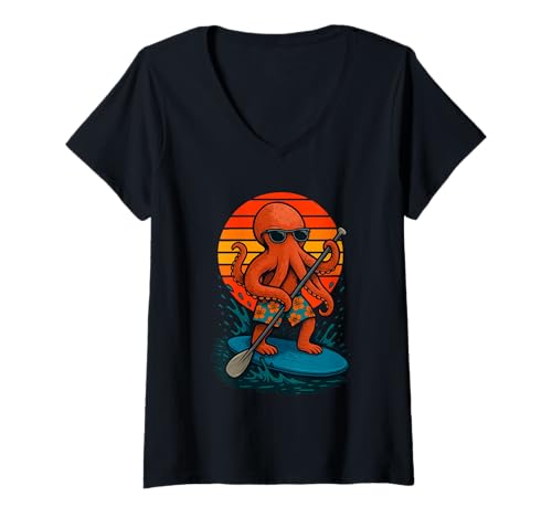 Damen Paddling Octopus mit Sonnenbrille Beach SUP Paddleboarding T-Shirt mit V-Ausschnitt von Funny Animals Paddling and Paddleboarding Clothing