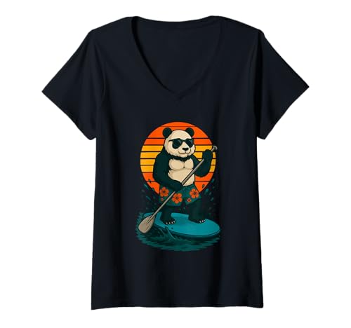 Damen Paddling Panda mit Sonnenbrille Strand SUP Meer Paddleboarding T-Shirt mit V-Ausschnitt von Funny Animals Paddling and Paddleboarding Clothing
