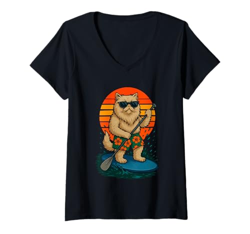 Damen Paddling Perserkatze mit Sonnenbrille Strand Paddleboarding T-Shirt mit V-Ausschnitt von Funny Animals Paddling and Paddleboarding Clothing