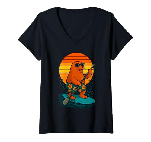 Damen Paddling Seal mit Sonnenbrille Beach SUP Sea Paddleboarding T-Shirt mit V-Ausschnitt Damen Paddling Seal mit Sonnenbrille Beach SUP Sea Paddleboarding T-Shirt mit V-Ausschnitt von Funny Animals Paddling and Paddleboarding Clothing