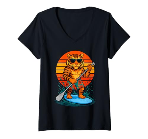 Damen Paddling Tiger mit Sonnenbrille Strand Standup Paddleboarding T-Shirt mit V-Ausschnitt von Funny Animals Paddling and Paddleboarding Clothing