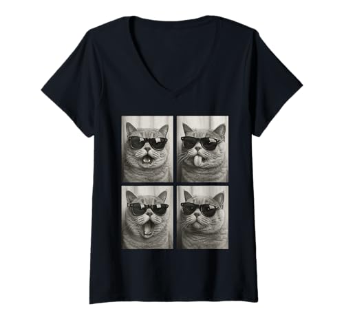 Damen Süße Kurzhaar-Katze mit Sonnenbrille Coole Tiere Photo Booth T-Shirt mit V-Ausschnitt Damen Süße Kurzhaar-Katze mit Sonnenbrille Coole Tiere Photo Booth T-Shirt mit V-Ausschnitt von Funny Animals Photography PhotoBooth Style Tee.
