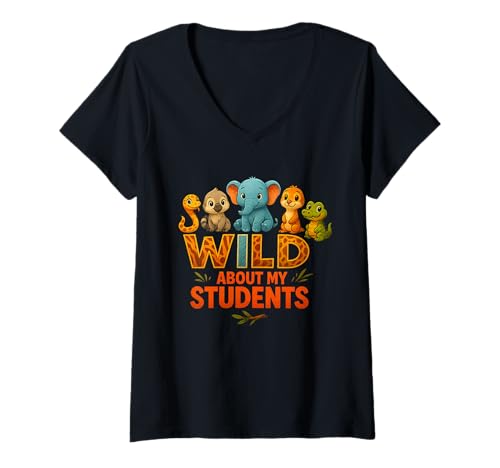 Damen Wild About My Students Lehrer Shirt Klassenzimmer Safari T-Shirt mit V-Ausschnitt von Funny Animals Teacher Wild About My Students Shirt
