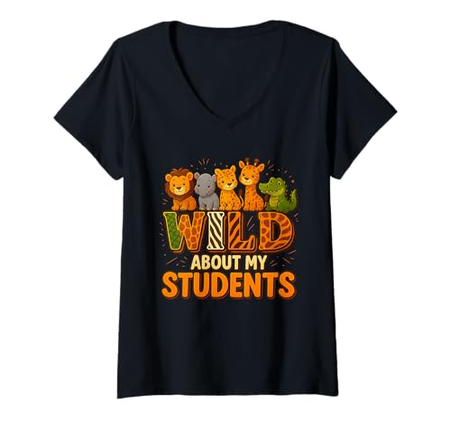 Damen Wild About My Students Lehrer Shirt Klassenzimmer Safari T-Shirt mit V-Ausschnitt von Funny Animals Teacher Wild About My Students Shirt