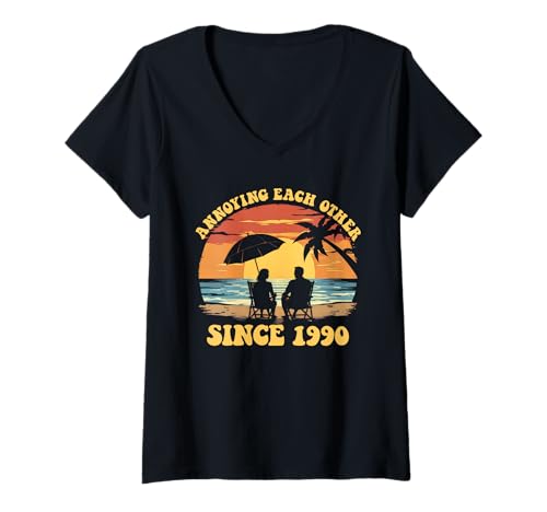 Damen Seit 1990 Nerven Sich Matching Anniversary T-Shirt mit V-Ausschnitt von Funny Anniversary Merch