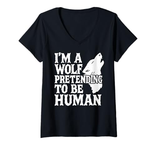 Damen I'm A Wolf Pretending to Be Human Low Budget Pelzkostüm T-Shirt mit V-Ausschnitt von Funny Anthro Furry Halloween Low Cost Costume