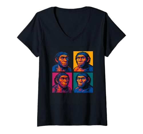 Damen Pop Art Neandertaler, lustig, prähistorischer Höhlenmensch Anthropologie T-Shirt mit V-Ausschnitt Damen Pop Art Neandertaler, lustig, prähistorischer Höhlenmensch Anthropologie T-Shirt mit V-Ausschnitt von Funny Anthropology & History Buff Gift