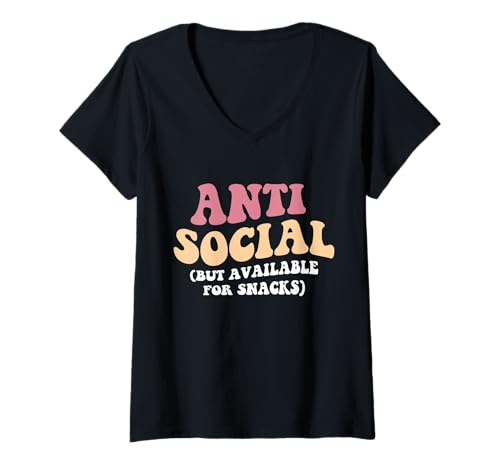 Damen Asozial, aber für Snacks erhältlich, introvertiert, für Männer und Frauen. T-Shirt mit V-Ausschnitt von Funny Anti Social But Available For Snacks