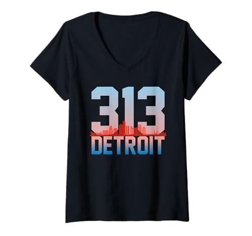 Damen Detroit 313 Ortsvorwahl Squad Skyline Motor City Vintage Lover T-Shirt mit V-Ausschnitt Damen Detroit 313 Ortsvorwahl Squad Skyline Motor City Vintage Lover T-Shirt mit V-Ausschnitt von Funny Area Code Matching Silhouette City Costume