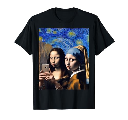 Mona Lisa Sternennacht-Mädchen mit Perlenohrring Der Schrei T-Shirt Mona Lisa Sternennacht-Mädchen mit Perlenohrring Der Schrei T-Shirt von Funny Art Selfie