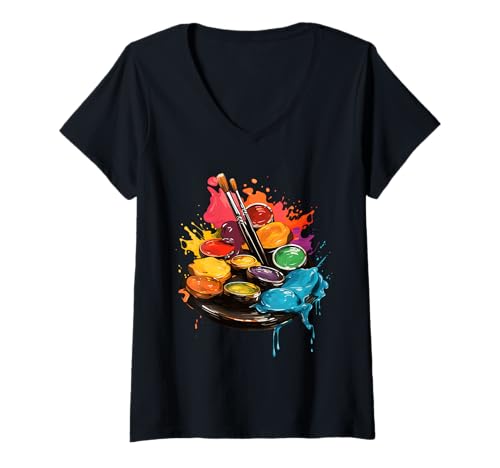Damen Künstler-Malpalette und Pinsel Kunst T-Shirt mit V-Ausschnitt von Funny Artist Paint Palette And Brushes Art