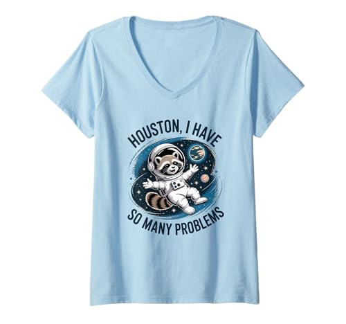 Damen Houston Ich Habe so viele Probleme Lustiger Waschbär T-Shirt mit V-Ausschnitt Damen Houston Ich Habe so viele Probleme Lustiger Waschbär T-Shirt mit V-Ausschnitt von Funny Astronaut Animal Meme