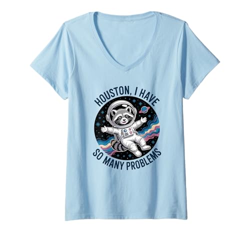 Damen Lustiger Waschbär Houston I Have So Many Problems T-Shirt mit V-Ausschnitt Damen Lustiger Waschbär Houston I Have So Many Problems T-Shirt mit V-Ausschnitt von Funny Astronaut Animal Meme
