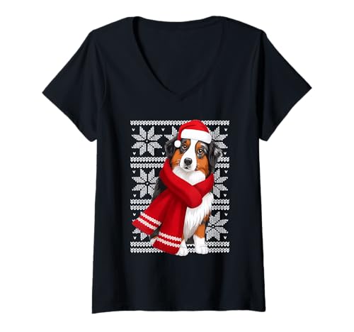 Damen Australian Shepherd, Hundeliebhaber, hässlich, Weihnachten T-Shirt mit V-Ausschnitt Damen Australian Shepherd, Hundeliebhaber, hässlich, Weihnachten T-Shirt mit V-Ausschnitt von Funny Aussie Festive Dog Designs