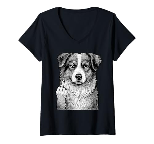 Damen Australian Shepherd Mittelfinger sarkastischer Hundeliebhaber T-Shirt mit V-Ausschnitt Damen Australian Shepherd Mittelfinger sarkastischer Hundeliebhaber T-Shirt mit V-Ausschnitt von Funny Aussie Flipping Off Dog Designs