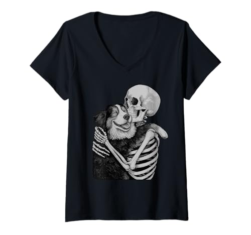 Damen Australian Shepherd Skelett Umarmung Halloween Hundeliebhaber T-Shirt mit V-Ausschnitt Damen Australian Shepherd Skelett Umarmung Halloween Hundeliebhaber T-Shirt mit V-Ausschnitt von Funny Aussie Gothic Dog Designs