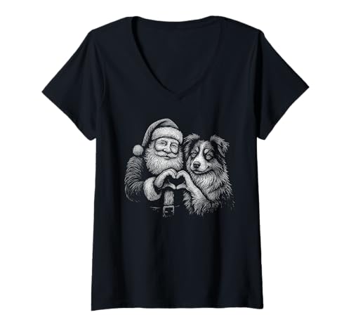 Damen Australian Shepherd Weihnachtsmann Herzform Weihnachtshund T-Shirt mit V-Ausschnitt Damen Australian Shepherd Weihnachtsmann Herzform Weihnachtshund T-Shirt mit V-Ausschnitt von Funny Aussie Holiday Dog Designs