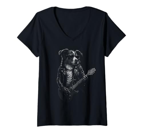 Damen Australian Shepherd spielt Gitarre Rockmusik Hundeliebhaber T-Shirt mit V-Ausschnitt Damen Australian Shepherd spielt Gitarre Rockmusik Hundeliebhaber T-Shirt mit V-Ausschnitt von Funny Aussie Rock And Roll Dog Designs