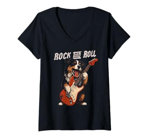Damen Australian Shepherd spielt Gitarre Rock and Roll Hundeliebhaber T-Shirt mit V-Ausschnitt Damen Australian Shepherd spielt Gitarre Rock and Roll Hundeliebhaber T-Shirt mit V-Ausschnitt von Funny Aussie Rock Music Dog Designs