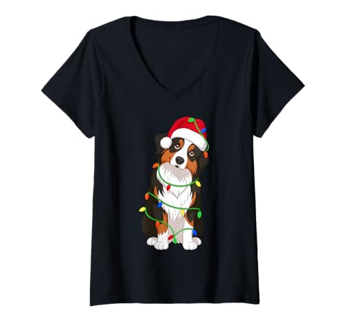 Damen Australian Shepherd Weihnachtsbaum-Lichter für Hundeliebhaber T-Shirt mit V-Ausschnitt Damen Australian Shepherd Weihnachtsbaum-Lichter für Hundeliebhaber T-Shirt mit V-Ausschnitt von Funny Aussie Xmas Tree Dog Designs