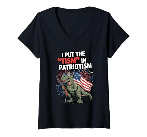 Damen I Put The Tism in Patriotismus USA Flagge T-Rex Dinosaurier Autismus T-Shirt mit V-Ausschnitt Damen I Put The Tism in Patriotismus USA Flagge T-Rex Dinosaurier Autismus T-Shirt mit V-Ausschnitt von Funny Autism 4th Of July Apparels