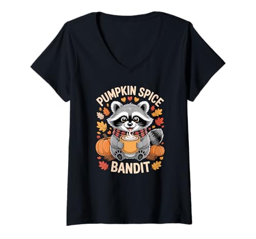 Damen Pumpkin Spice Bandit Funny Fall Waschbär Herbst Blätter T-Shirt mit V-Ausschnitt Damen Pumpkin Spice Bandit Funny Fall Waschbär Herbst Blätter T-Shirt mit V-Ausschnitt von Funny Autumn Animal Apparel Gifts by Anastasia
