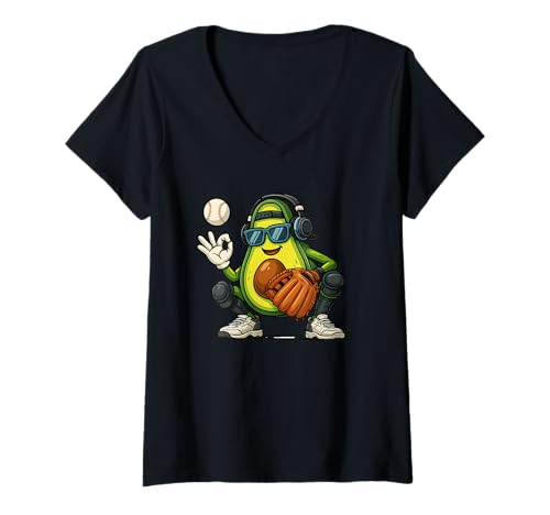 Damen Cool Avocado Baseball Funny Catcher Fruit Hip Hop Avocado T-Shirt mit V-Ausschnitt von Funny Avocado Baseball Tee Baseball Player Kid Boy