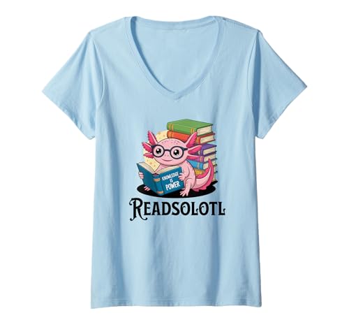 Damen Axolotl Book Lover Lustiges Readsolotl Wissen ist Macht T-Shirt mit V-Ausschnitt von Funny Axolotl Books
