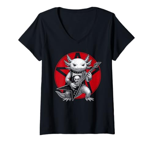 Damen Axolotl Heavy Metal-Gitarrenrock Pet Lover T-Shirt mit V-Ausschnitt Damen Axolotl Heavy Metal-Gitarrenrock Pet Lover T-Shirt mit V-Ausschnitt von Funny Axolotl Death Metal Music Pet Designs