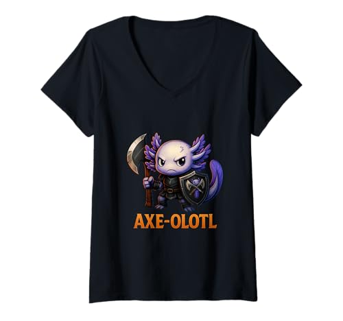 Damen Axolotl Warrior Axt-olotl Fantasy Wortspiel Axolotl T-Shirt mit V-Ausschnitt Damen Axolotl Warrior Axt-olotl Fantasy Wortspiel Axolotl T-Shirt mit V-Ausschnitt von Funny Axolotl Gamer Designs