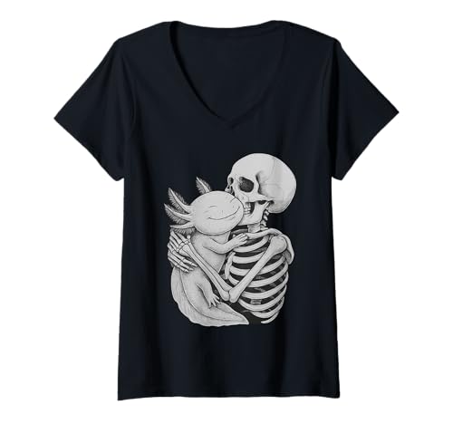 Damen Axolotl Skelett Umarmung Halloween Tierliebhaber T-Shirt mit V-Ausschnitt Damen Axolotl Skelett Umarmung Halloween Tierliebhaber T-Shirt mit V-Ausschnitt von Funny Axolotl Gothic Pet Designs