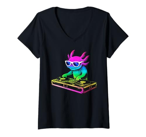 Damen Axolotl DJ-Musikparty, Tierliebhaber T-Shirt mit V-Ausschnitt Damen Axolotl DJ-Musikparty, Tierliebhaber T-Shirt mit V-Ausschnitt von Funny Axolotl House Music Pet Designs