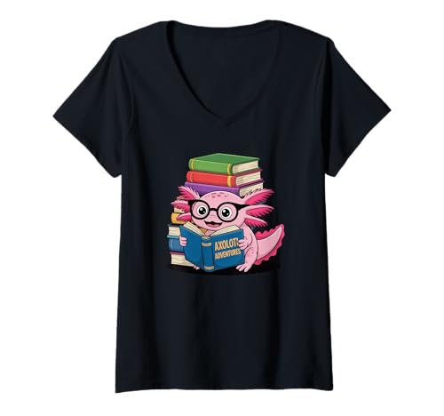 Damen Axolotl Adventures Buchliebhaber Lustiges Lesen T-Shirt mit V-Ausschnitt Damen Axolotl Adventures Buchliebhaber Lustiges Lesen T-Shirt mit V-Ausschnitt von Funny Axolotl Reader of Books