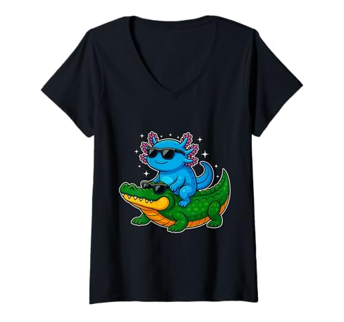 Damen Lustiger Axolotl auf Krokodil mit Sonnenbrille Meme Tier T-Shirt mit V-Ausschnitt Damen Lustiger Axolotl auf Krokodil mit Sonnenbrille Meme Tier T-Shirt mit V-Ausschnitt von Funny Axolotl Riding Crocodile Cool Alligator