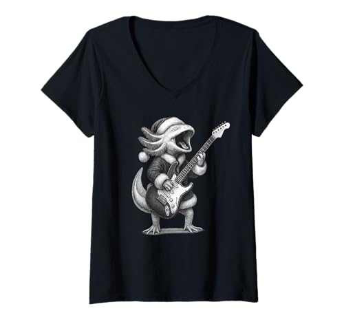 Damen Axolotl Spielgitarre Weihnachten Pet Lover T-Shirt mit V-Ausschnitt Damen Axolotl Spielgitarre Weihnachten Pet Lover T-Shirt mit V-Ausschnitt von Funny Axolotl Rock Music Pet Designs