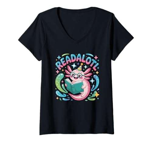 Damen Axolotl Readolotl T-Shirt - Lustiges Axolotl Buchliebhaber T-Shirt mit V-Ausschnitt von Funny Axolotl Store