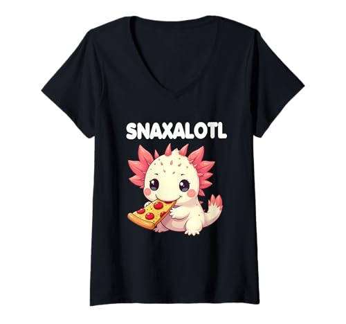 Damen Axolotl Snaxolotl T-Shirt - Lustiges Axolotl Snacks Liebhaber T-Shirt mit V-Ausschnitt von Funny Axolotl Store