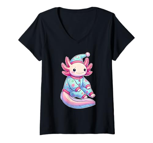 Damen Funny Axolotl Wearing Pajamas T-Shirt mit V-Ausschnitt Damen Funny Axolotl Wearing Pajamas T-Shirt mit V-Ausschnitt von Funny Axolotl Wearing Pajamas Apparel
