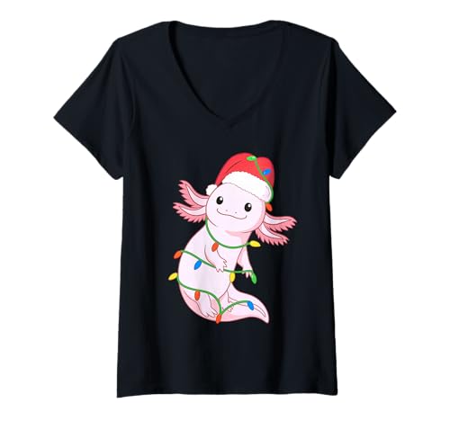 Damen Axolotl Weihnachtsbaumbeleuchtung Urlaub Tierliebhaber T-Shirt mit V-Ausschnitt Damen Axolotl Weihnachtsbaumbeleuchtung Urlaub Tierliebhaber T-Shirt mit V-Ausschnitt von Funny Axolotl Xmas Tree Pet Designs
