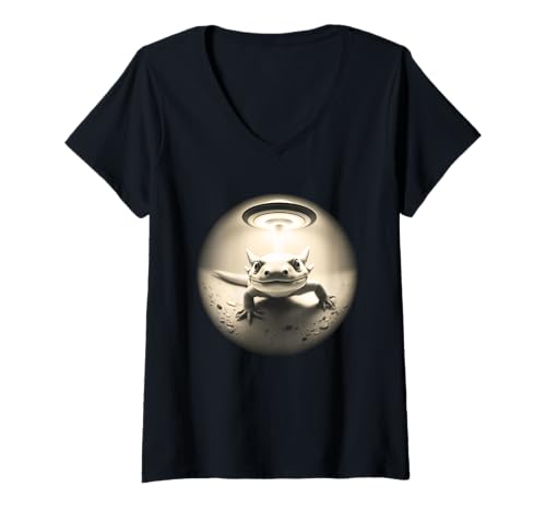 Damen Niedlicher Axolotl schnappt EIN Selfie, während UFOs seltsame Grafik T-Shirt mit V-Ausschnitt Damen Niedlicher Axolotl schnappt EIN Selfie, während UFOs seltsame Grafik T-Shirt mit V-Ausschnitt von Funny Axolotl flying saucers team