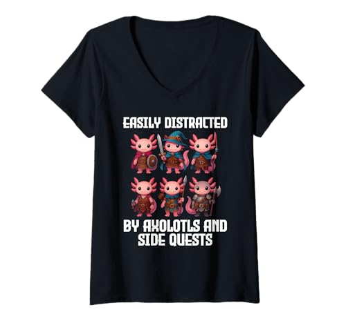 Damen Easily Distracted by Axolotls and Side Quests Funny Gamer T-Shirt mit V-Ausschnitt Damen Easily Distracted by Axolotls and Side Quests Funny Gamer T-Shirt mit V-Ausschnitt von Funny Axolotls Gamer Side Quests Apparel