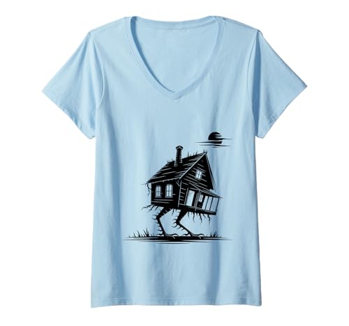 Damen Walking House on Chicken Legs Slawische Folklore Baba Yaga Art T-Shirt mit V-Ausschnitt Damen Walking House on Chicken Legs Slawische Folklore Baba Yaga Art T-Shirt mit V-Ausschnitt von Funny Baba Yaga Walking House Scary Gifts Apparel